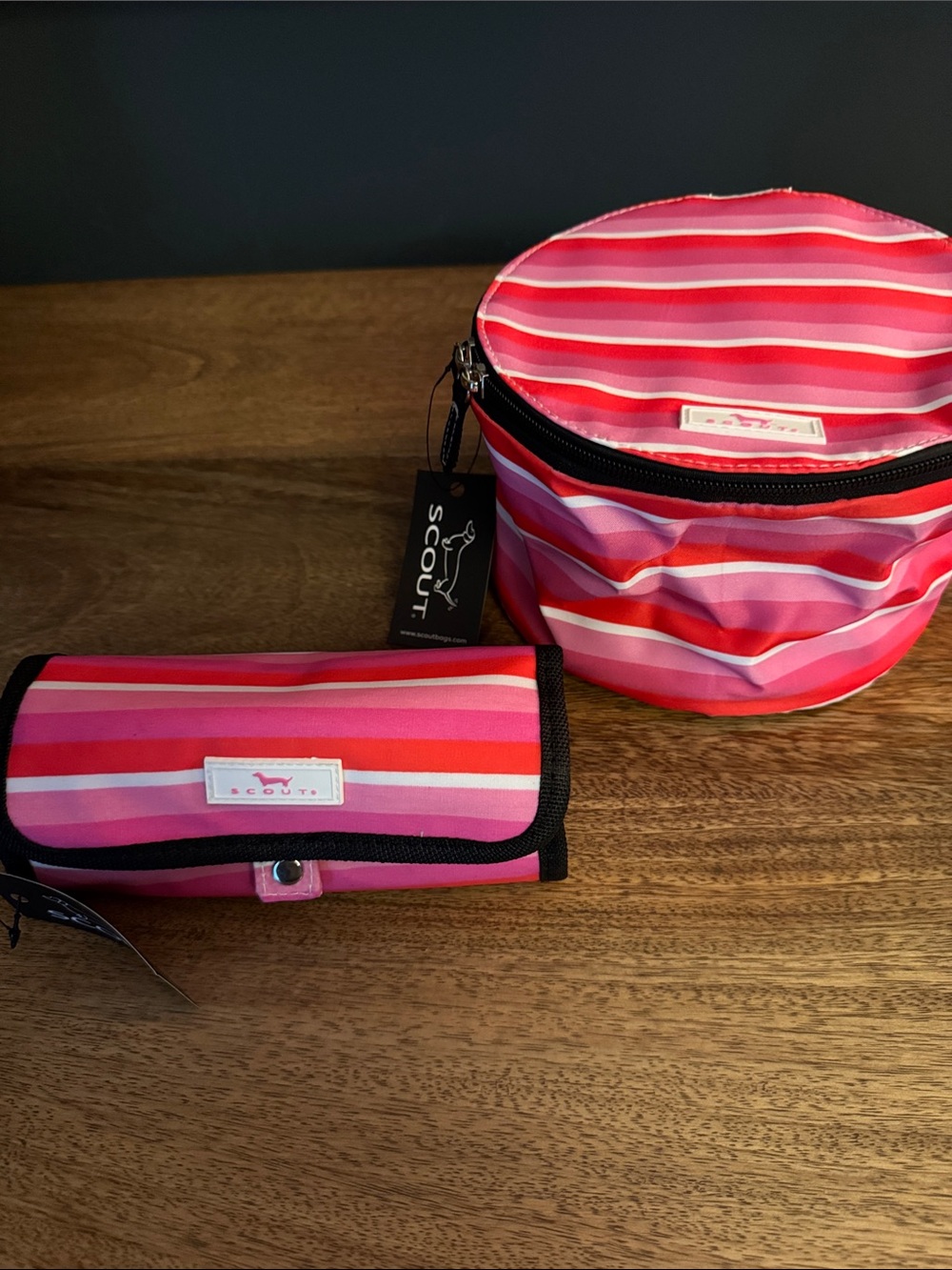 Scout Pink and Coral Striped Jewlery/Cosmetic Bag Set